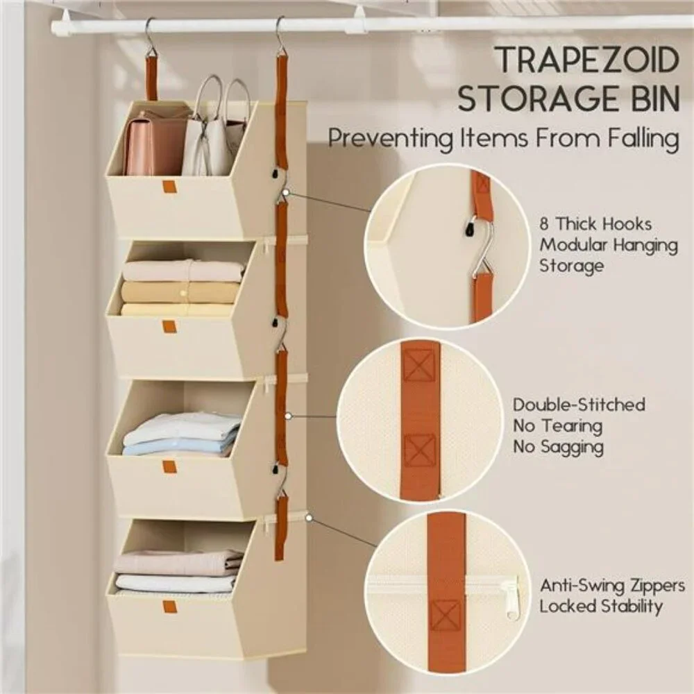 Hanging closet organizer 4 tier shelves with fabric storage bins bedroom dorm RV